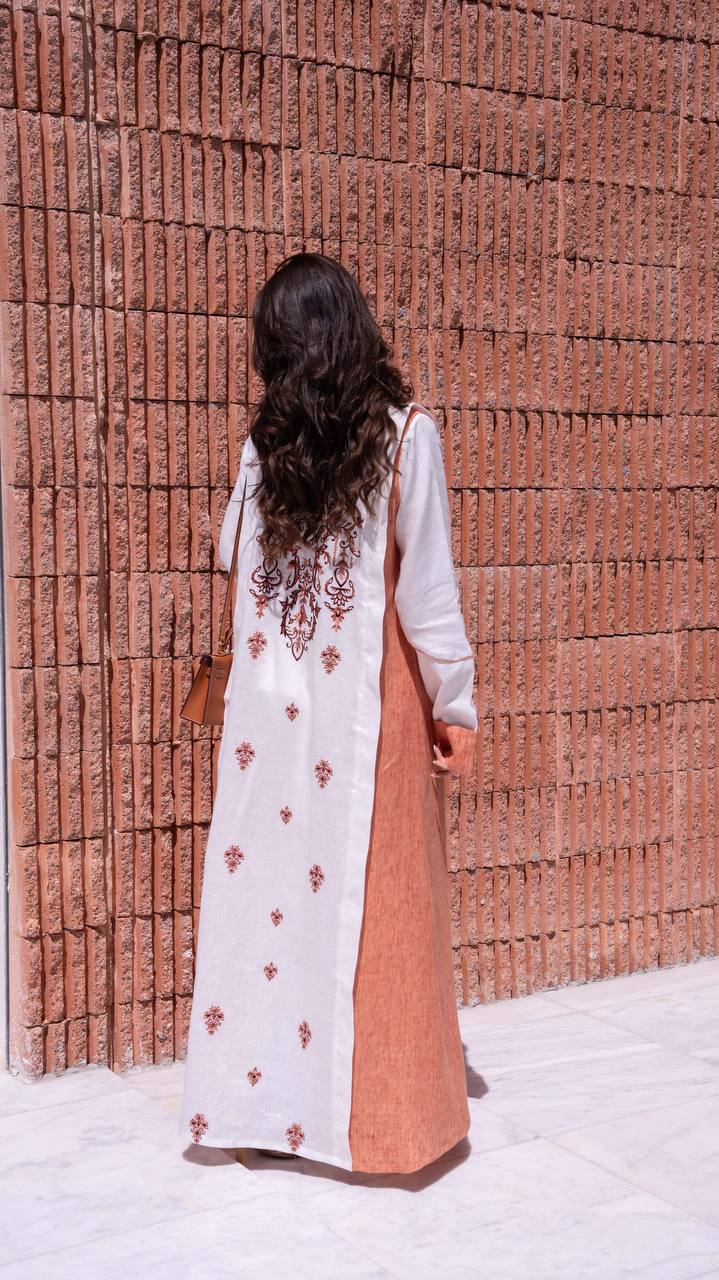 White and orange linen blazer abaya with embroidery. C:408