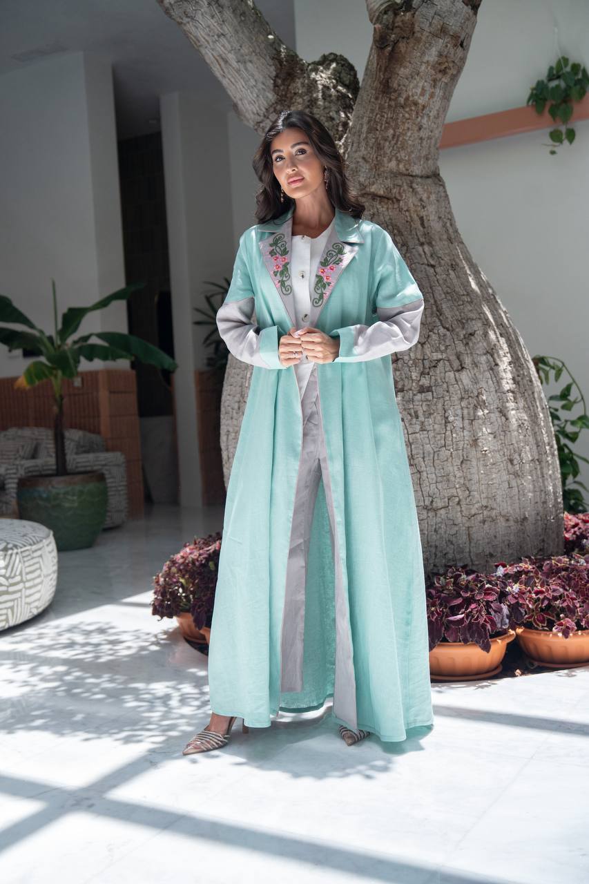 Turquoise linen blazer abaya with embroidery.C:420