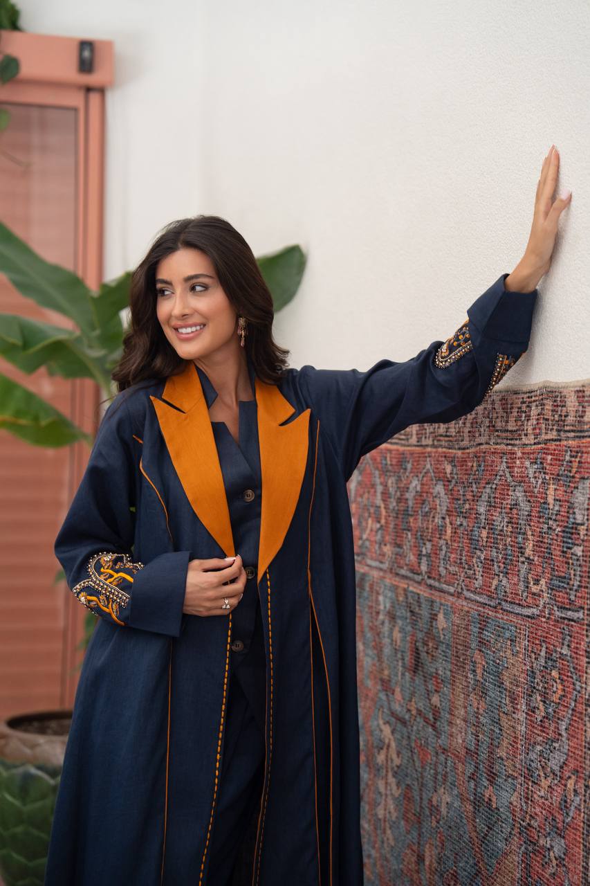 Navy blue linen blazer abaya with hand-stitched details.C:422