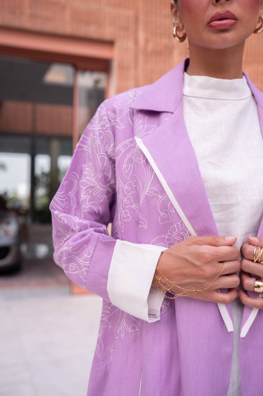 Purple linen blazer abaya with embroidery.C:412