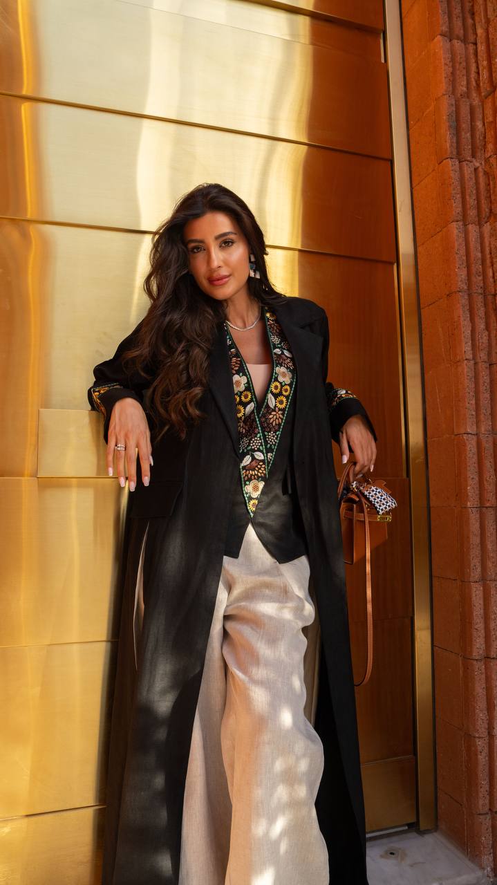 Black linen blazer abaya with embroidery.C:410