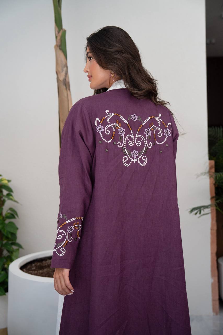 Purple linen blazer abaya with embroidery.C:421