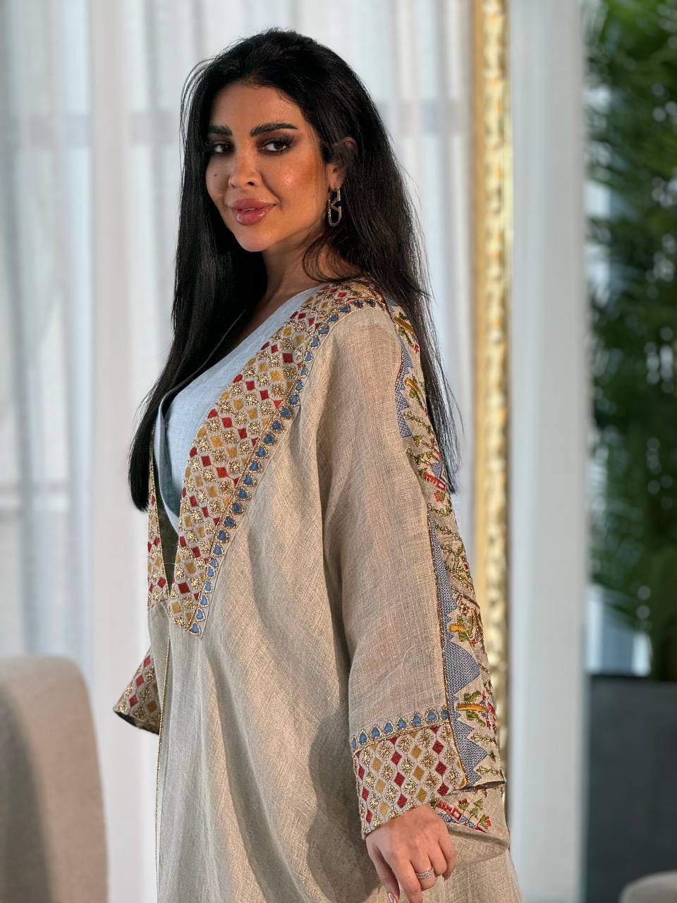 Beige linen bisht with embroidery and beading IB139 Beage