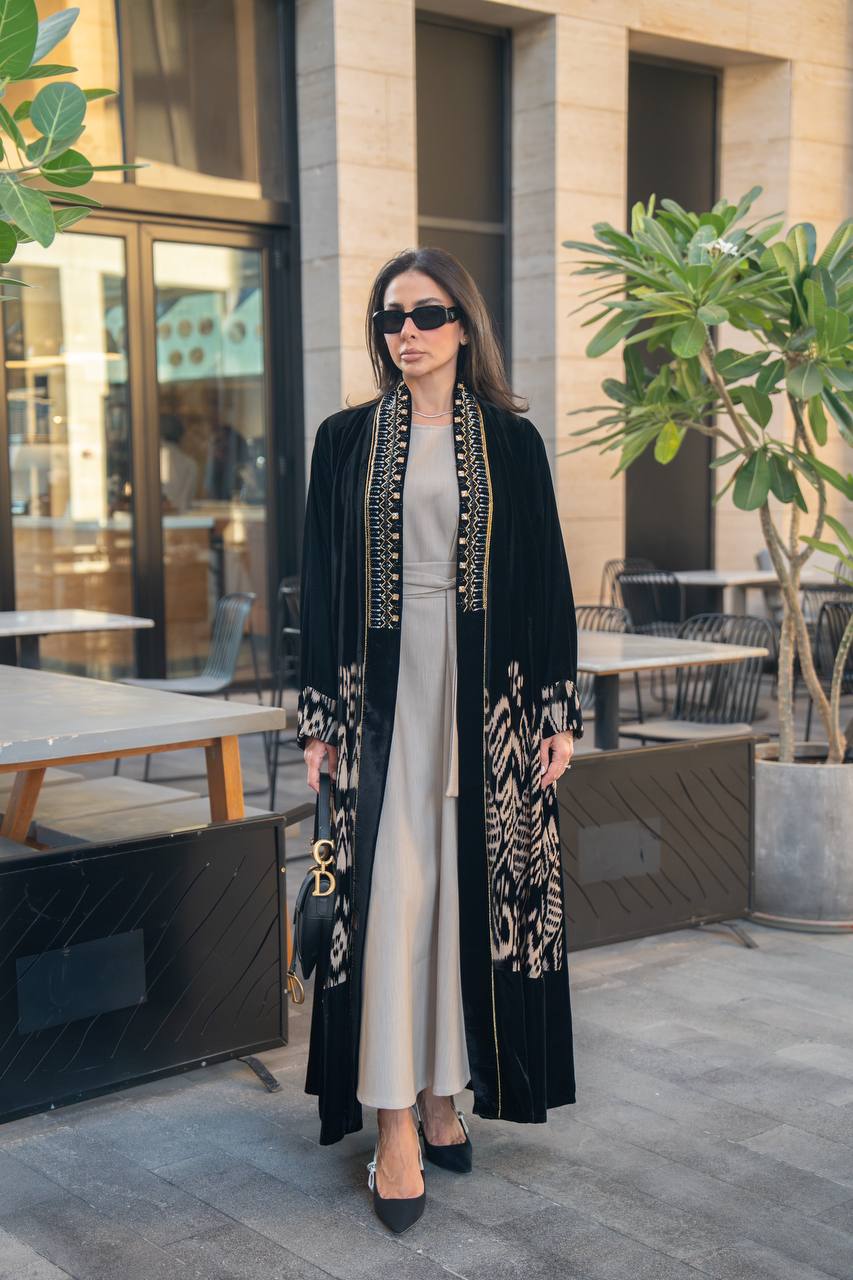 Black velvet abaya with hand embroidery. C:IB359