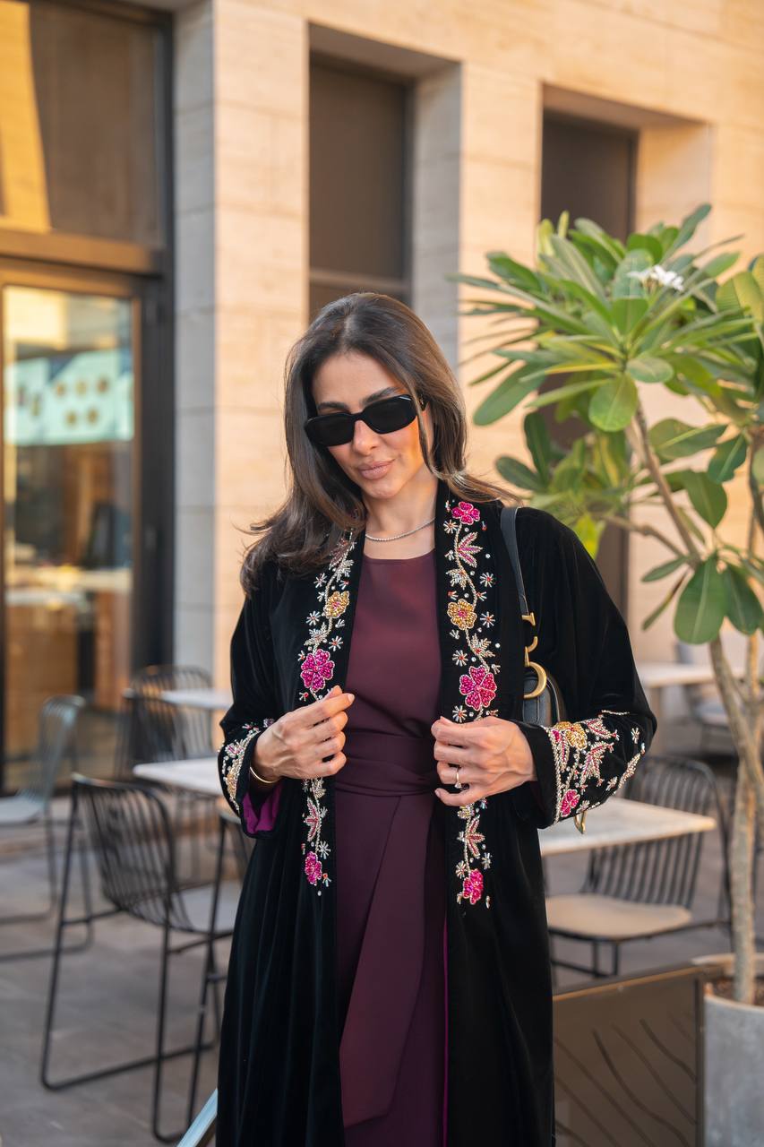 Black velvet abaya with hand embroidery. C:IB360