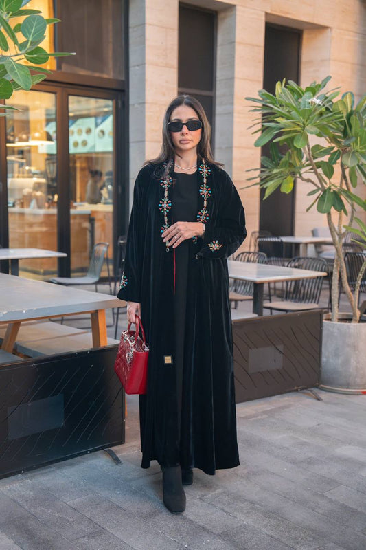 Black velvet abaya with hand embroidery. C:IB361