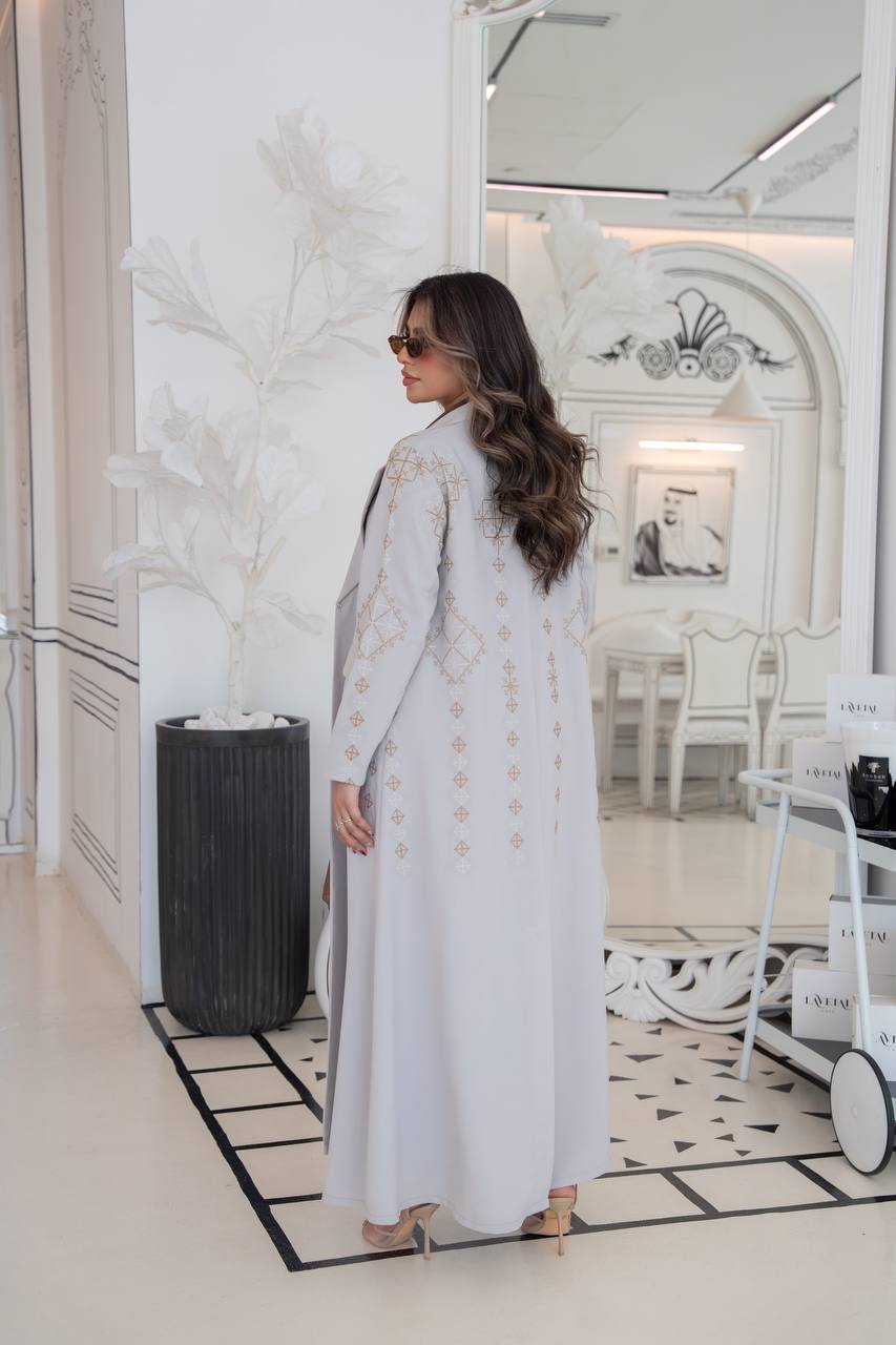 Crepe blazer abaya with beige embroidery. C:382