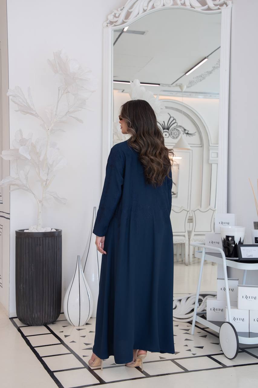 Navy blue crepe blazer abaya with embroidery. C:383 navy