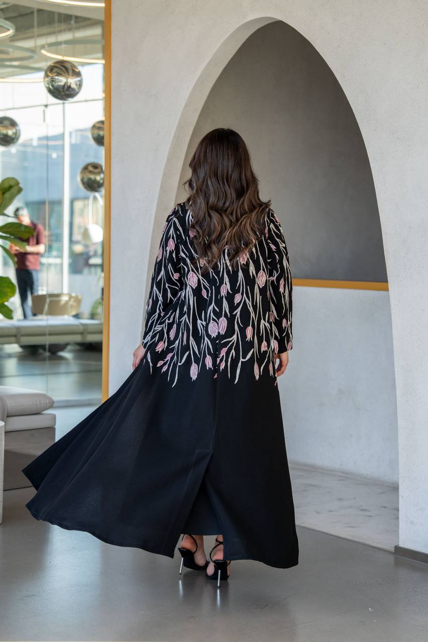 Black crepe blazer abaya with embroidery.C:385
