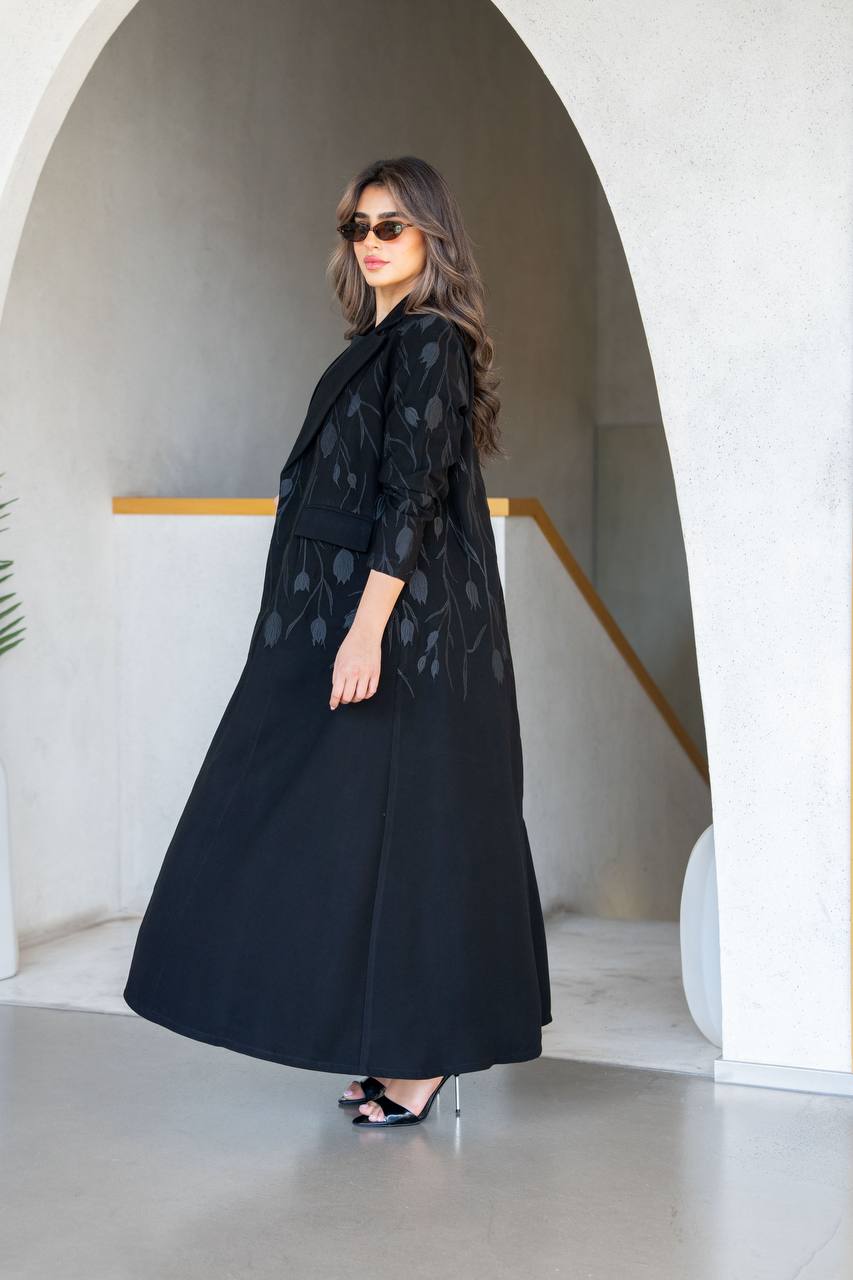 Black blazer abaya with embroidery. C:385
