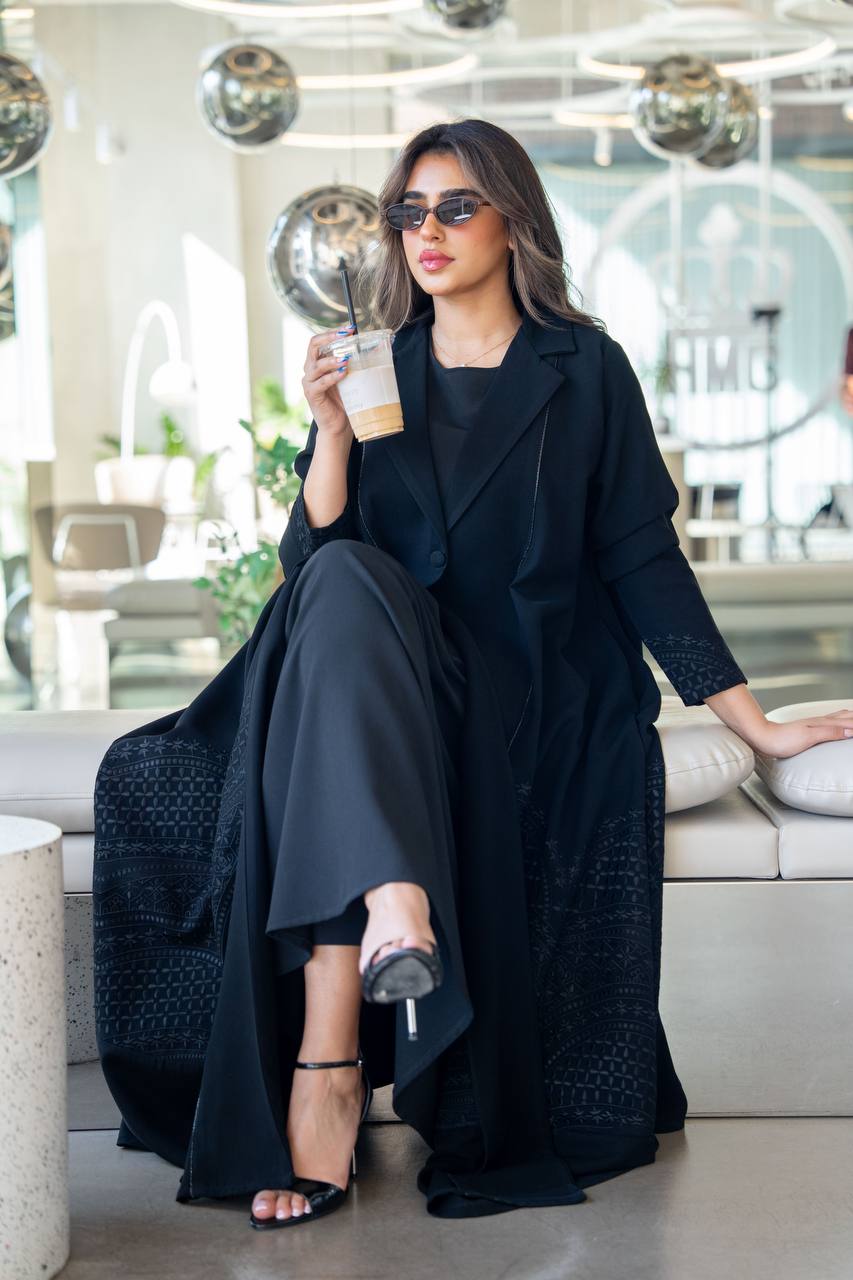 Black crepe abaya with embroidery. C:384