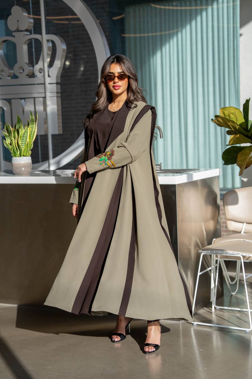 Olive green crepe abaya with hand-stitched details. C:386
