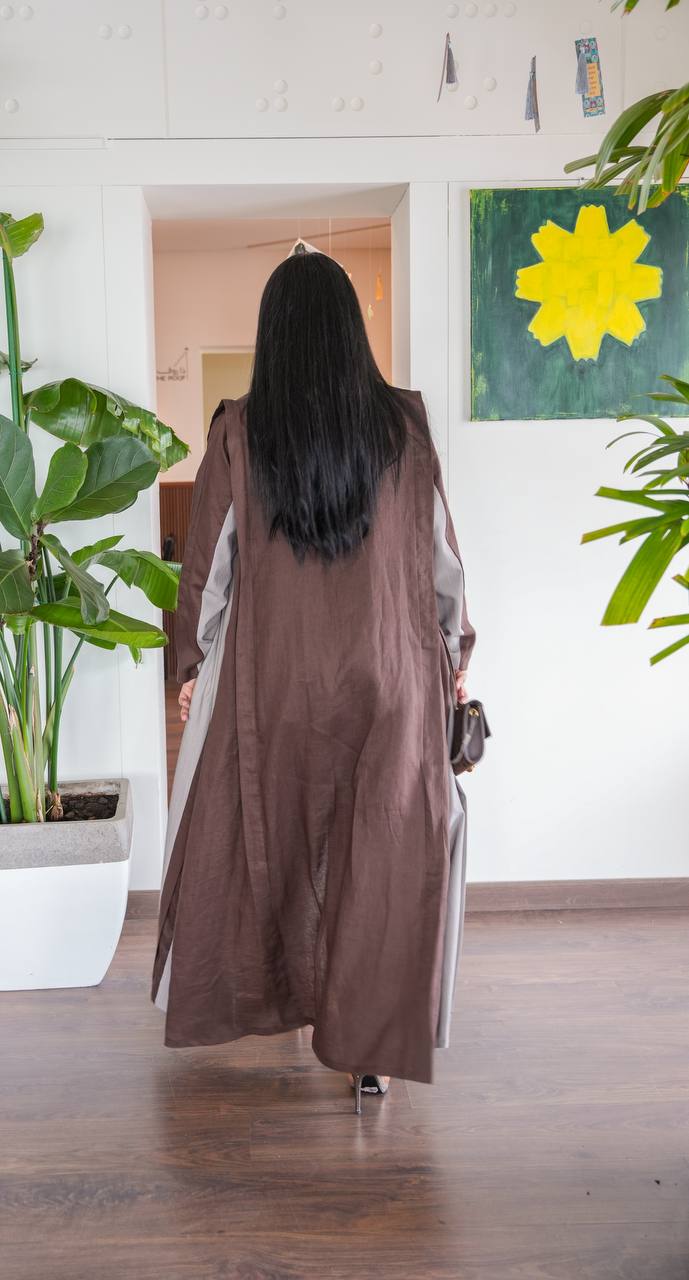 Linen abaya with crepe in brown and beige .C:390