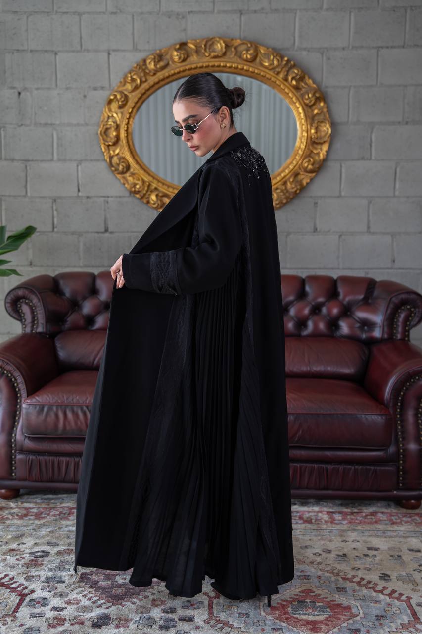 Crepe abaya with a flared skirt, embellished with beading and embroidery.C:392
