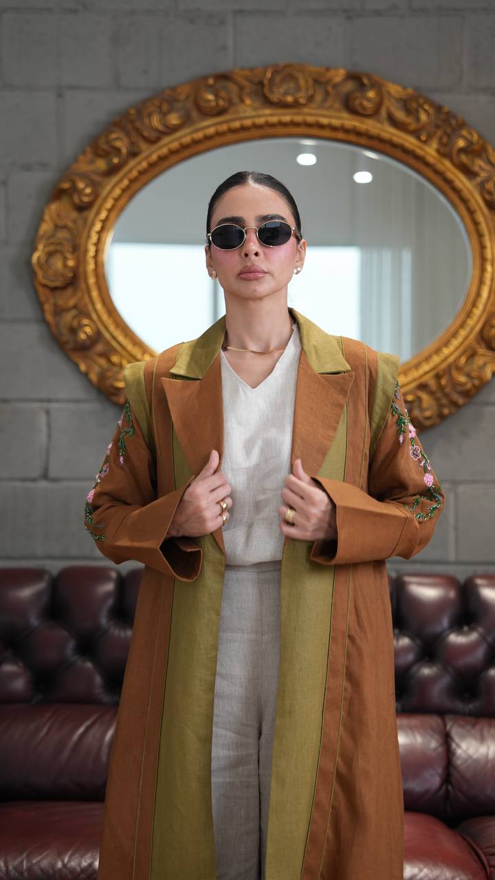 Camel-colored linen blazer abaya with hand-stitched details. C:396