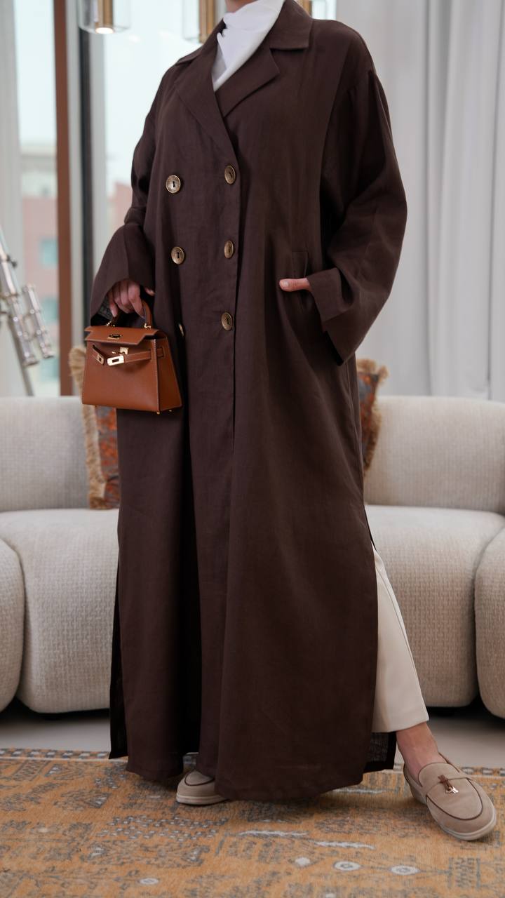 Free size linen trench coat in brown. C:401