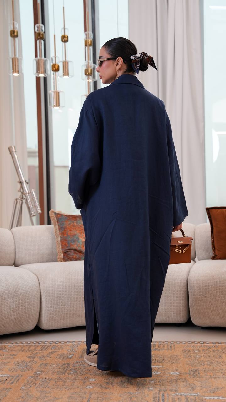 Free size linen trench coat in navy blue. C:401