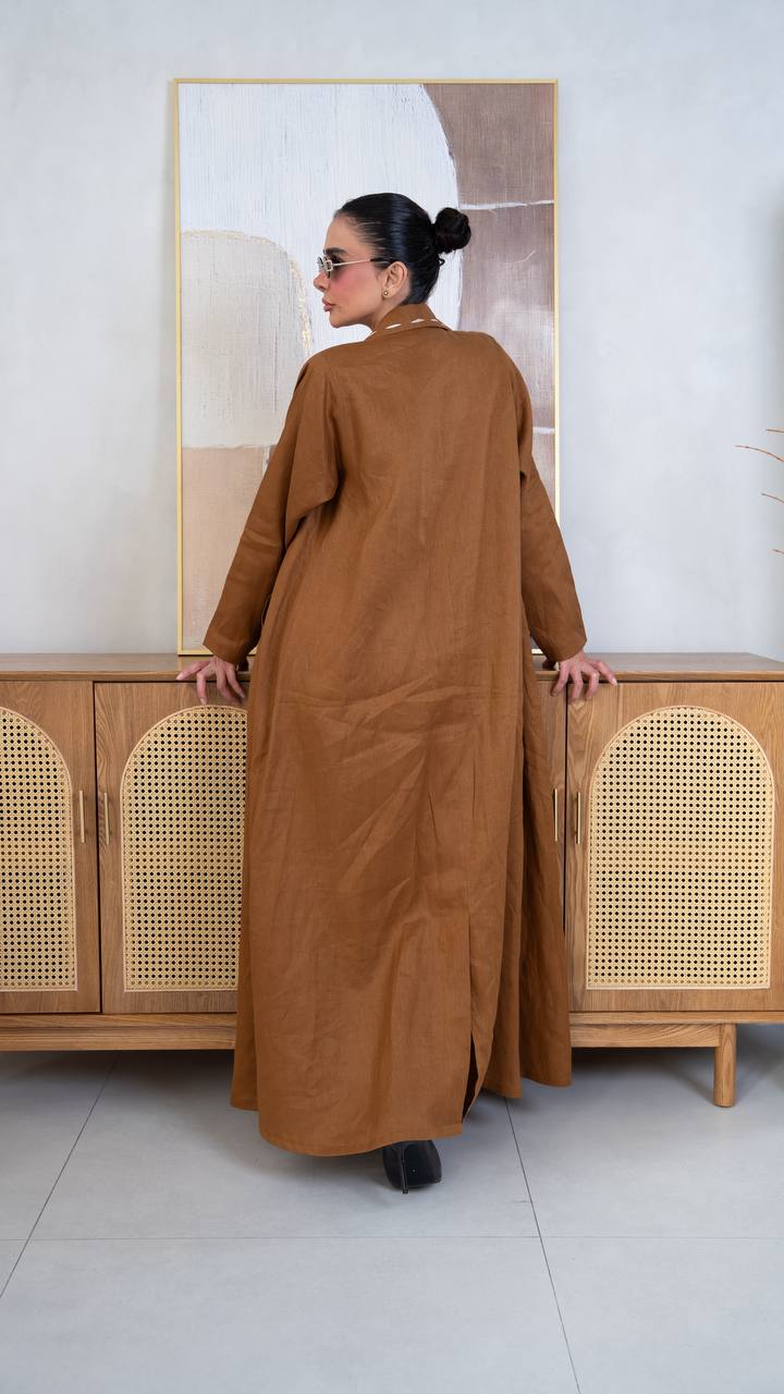 Camel-colored linen blazer abaya with embroidery.C:403