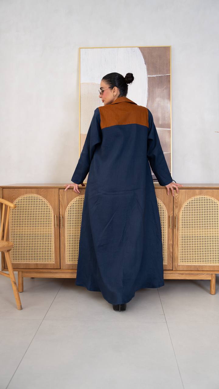 Linen abaya in navy blue with embroidery. C:405
