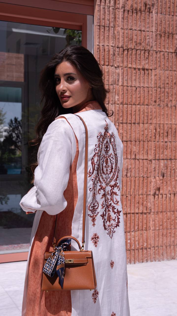 White and orange linen blazer abaya with embroidery. C:408