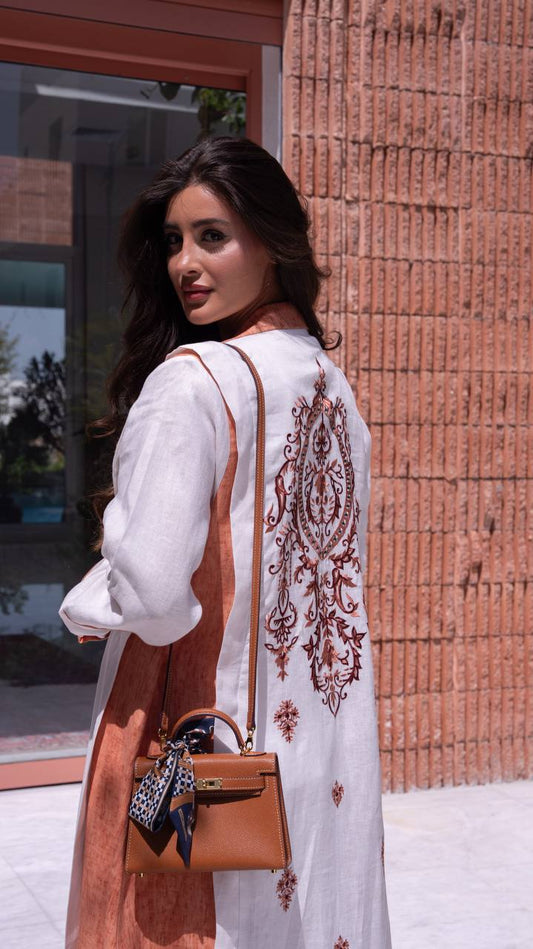 White and orange linen blazer abaya with embroidery. C:408
