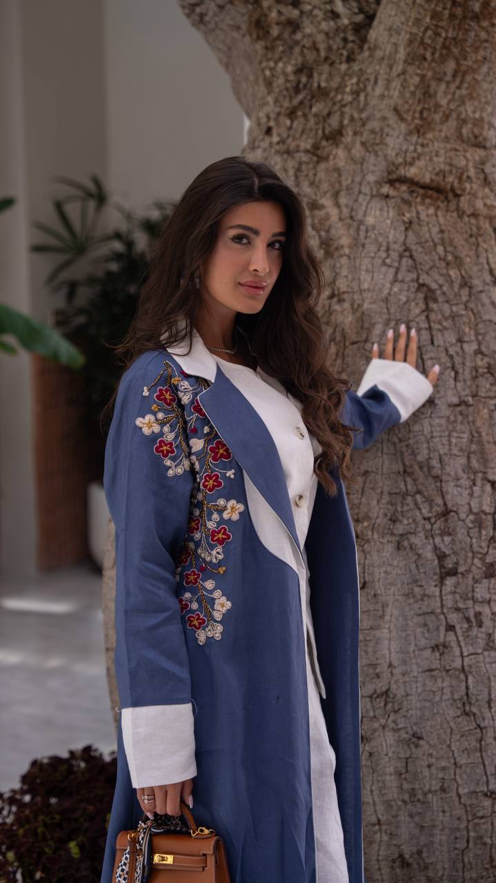 Blue linen blazer abaya with embroidery.C:409