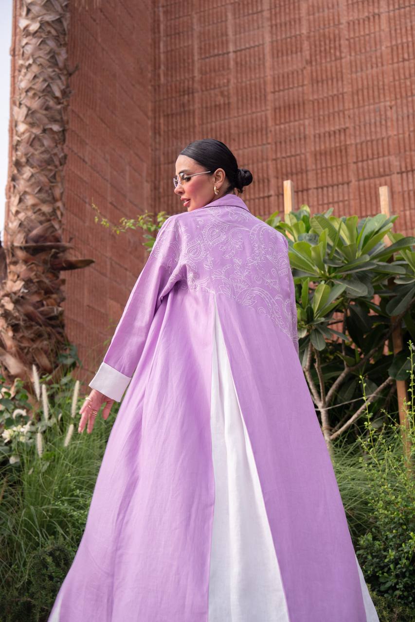 Purple linen blazer abaya with embroidery.C:412