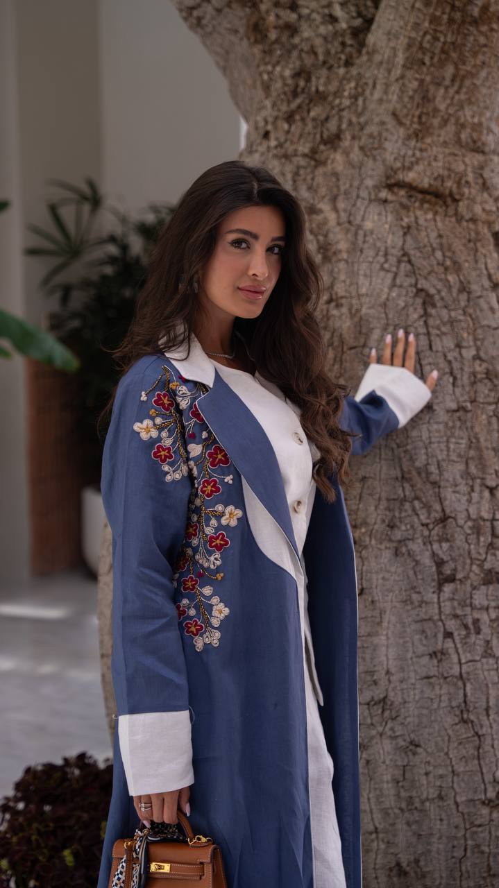 Blue linen blazer abaya with embroidery.C:409