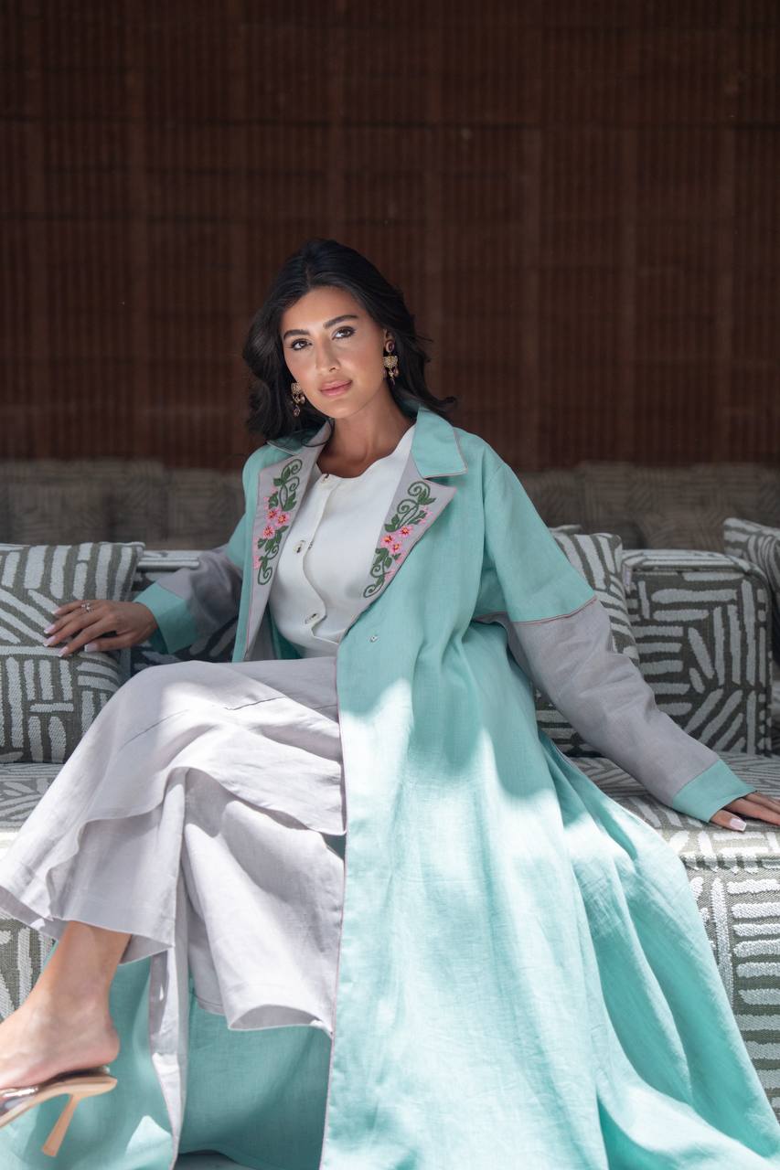 Turquoise linen blazer abaya with embroidery.C:420