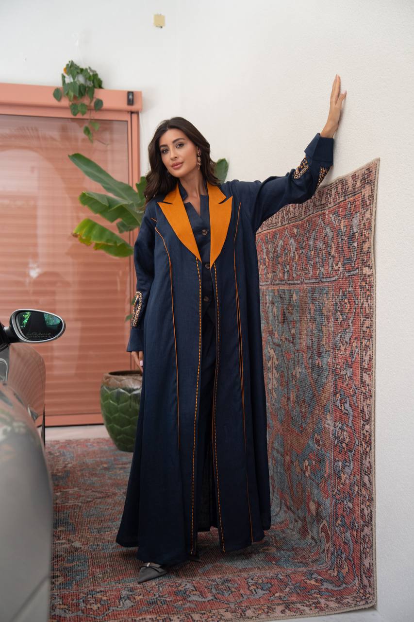 Navy blue linen blazer abaya with hand-stitched details.C:422