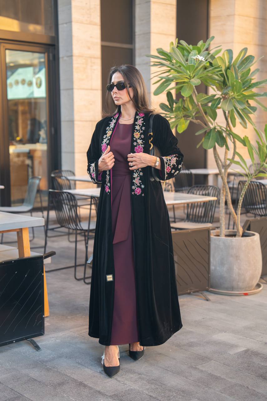 Black velvet abaya with hand embroidery. C:IB360