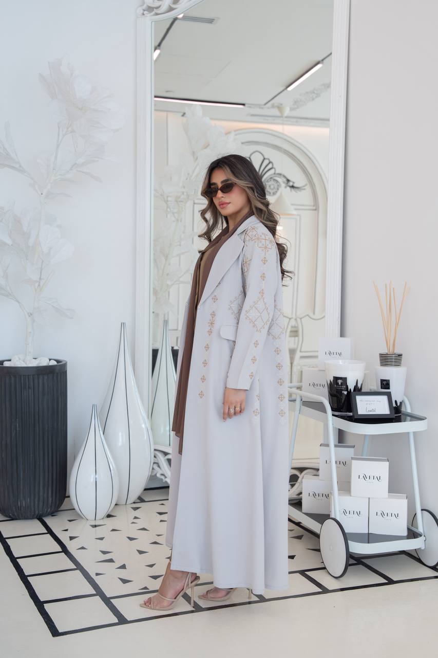 Crepe blazer abaya with beige embroidery. C:382
