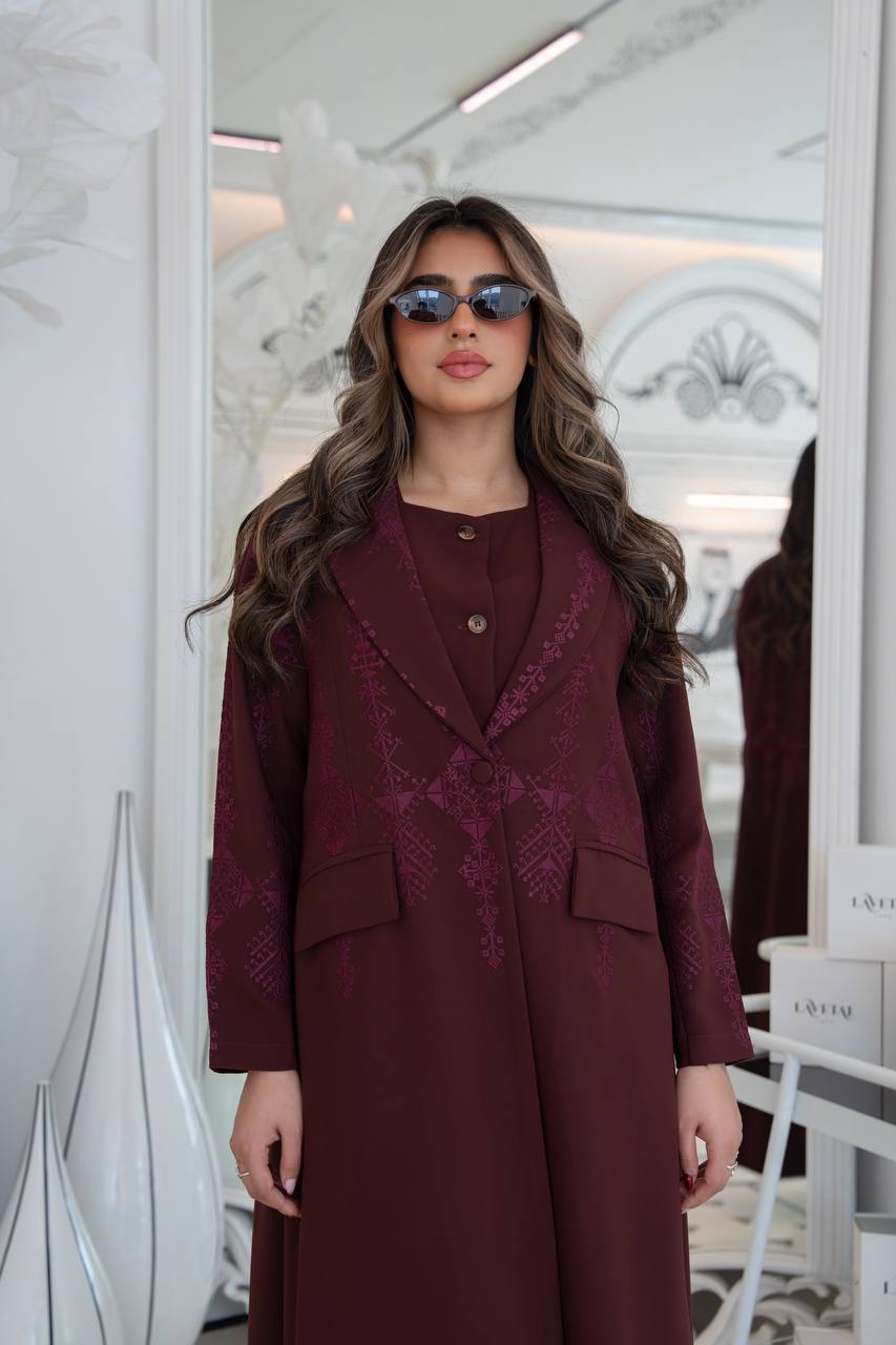 Burgundy crepe blazer abaya with embroidery.C:383