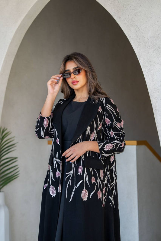 Black crepe blazer abaya with embroidery.C:385