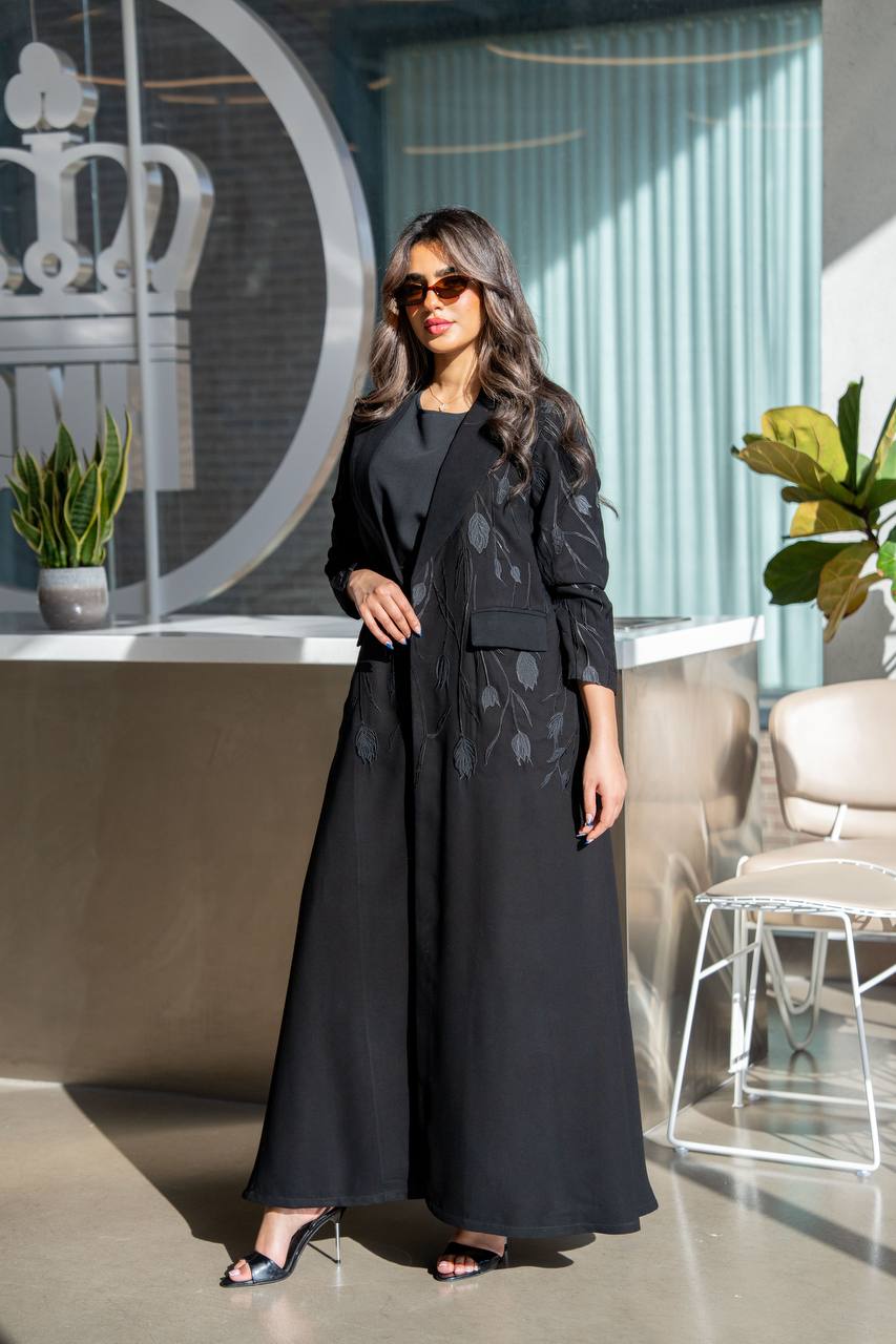 Black blazer abaya with embroidery. C:385