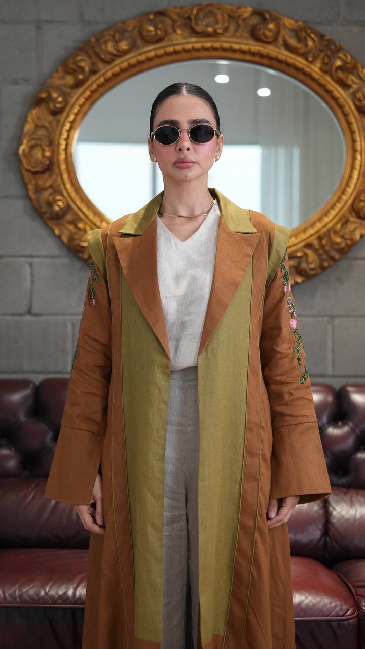 Camel-colored linen blazer abaya with hand-stitched details. C:396
