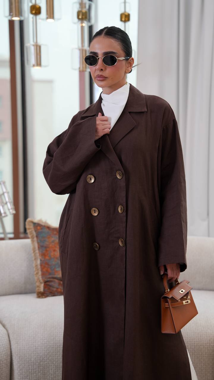 Free size linen trench coat in brown. C:401