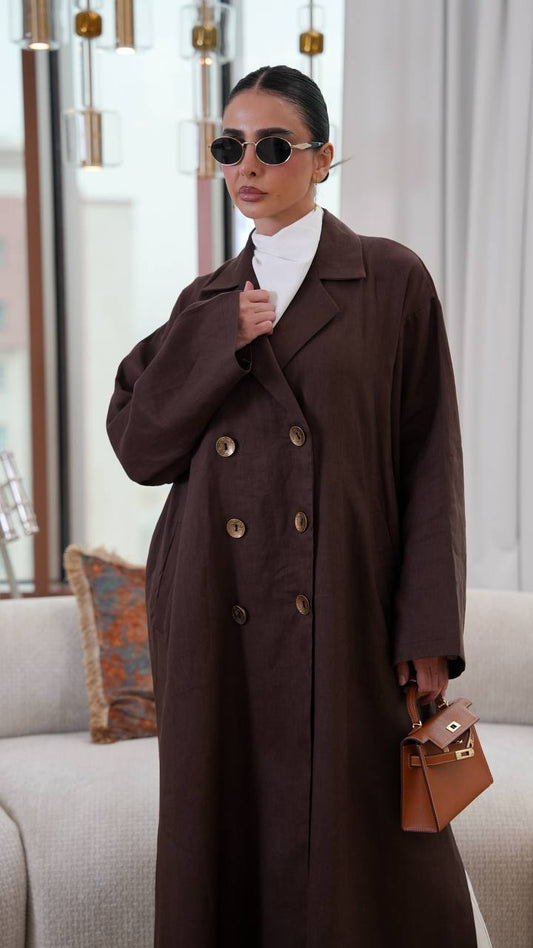 Free size linen trench coat in brown. C:401