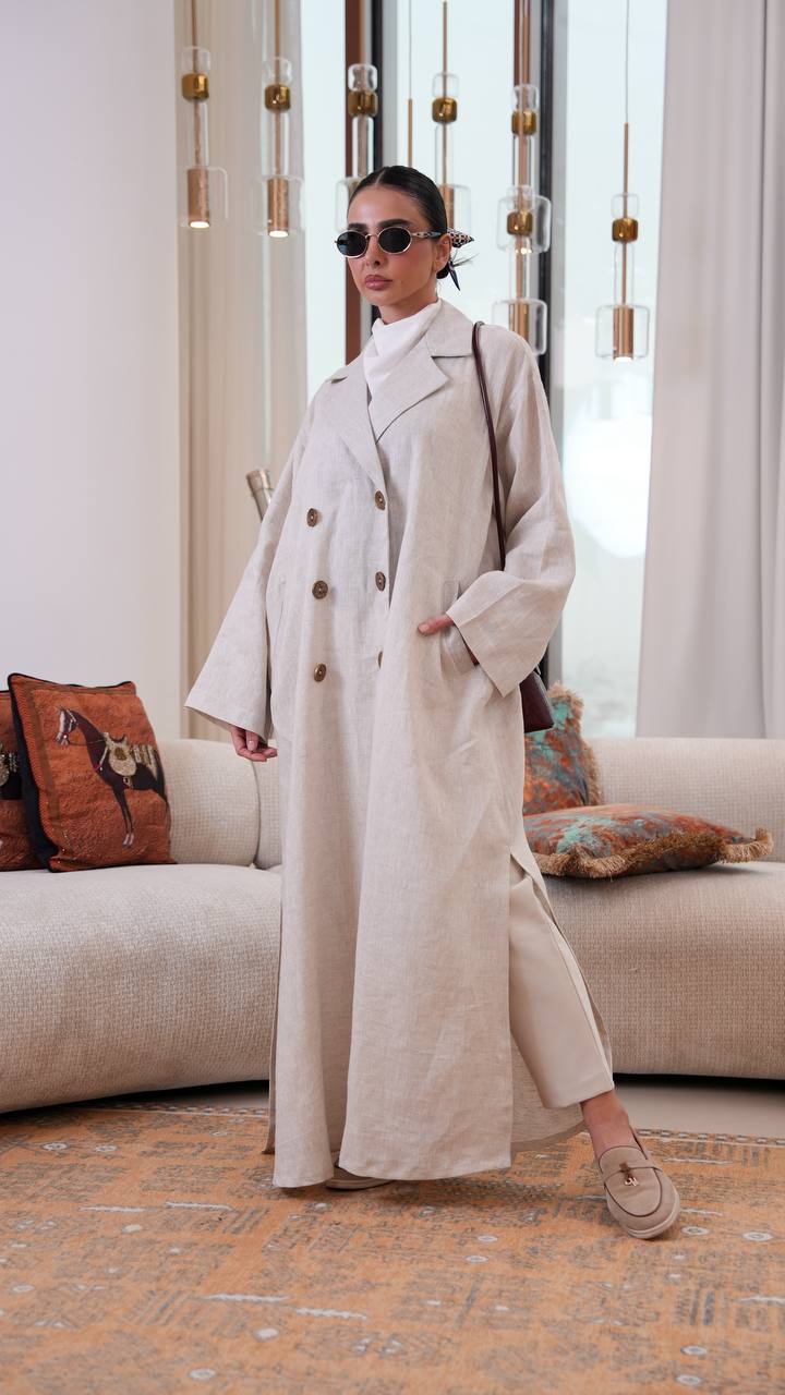 Trench coat, free size, linen, beige color.C:401