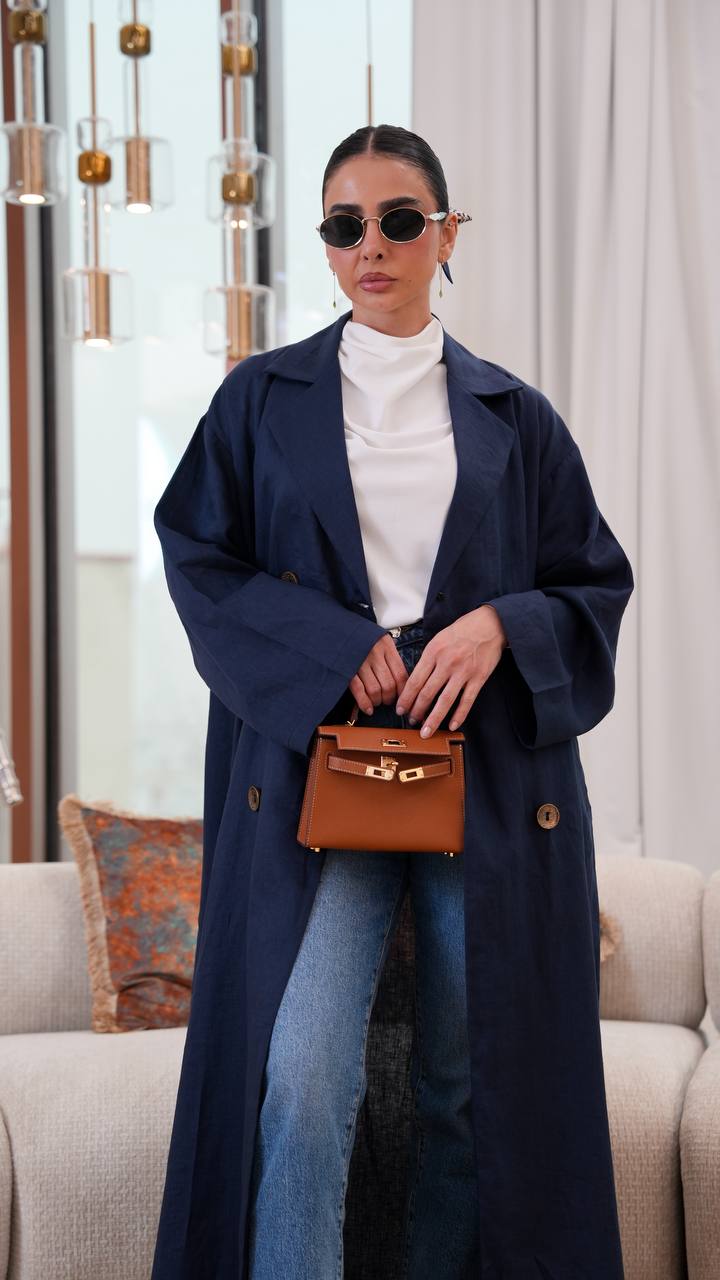 Free size linen trench coat in navy blue. C:401