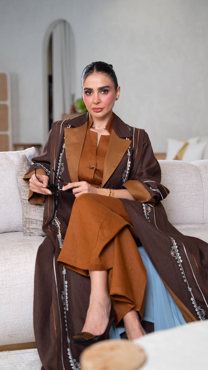Linen abaya in brown with embroidery.C:404