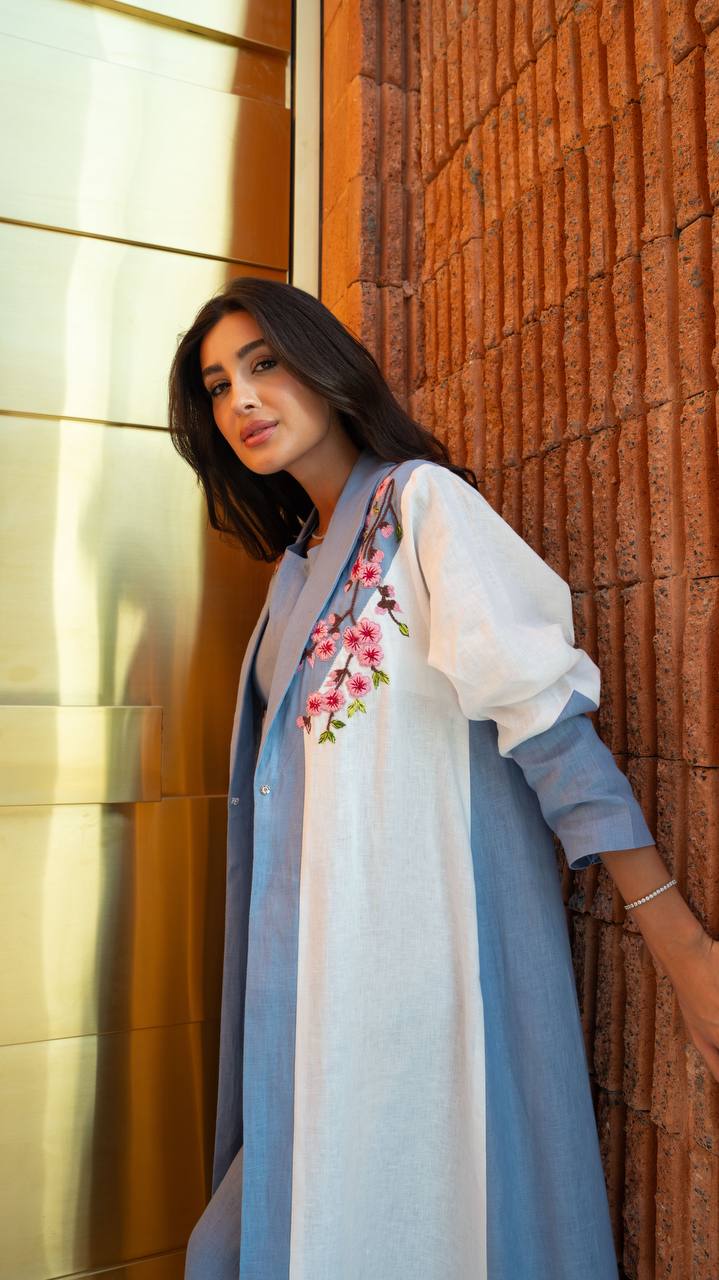 Blue and white linen blazer abaya with embroidery. C:407