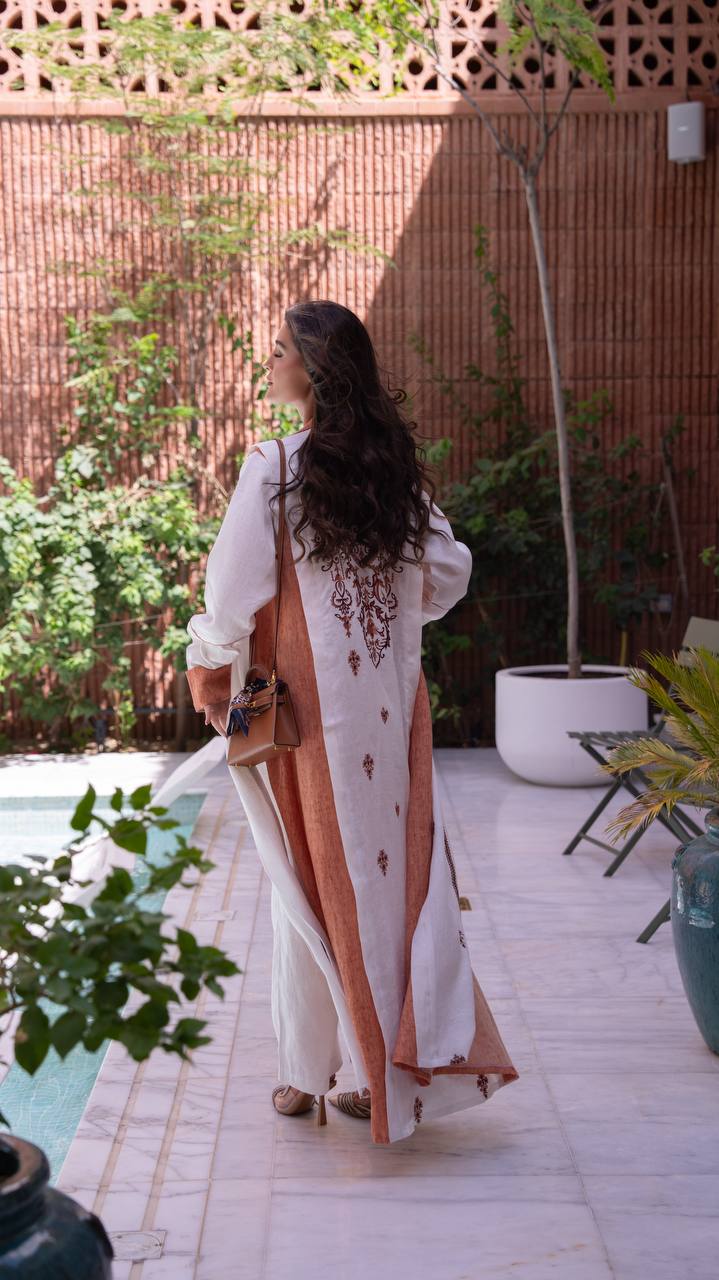 White and orange linen blazer abaya with embroidery. C:408