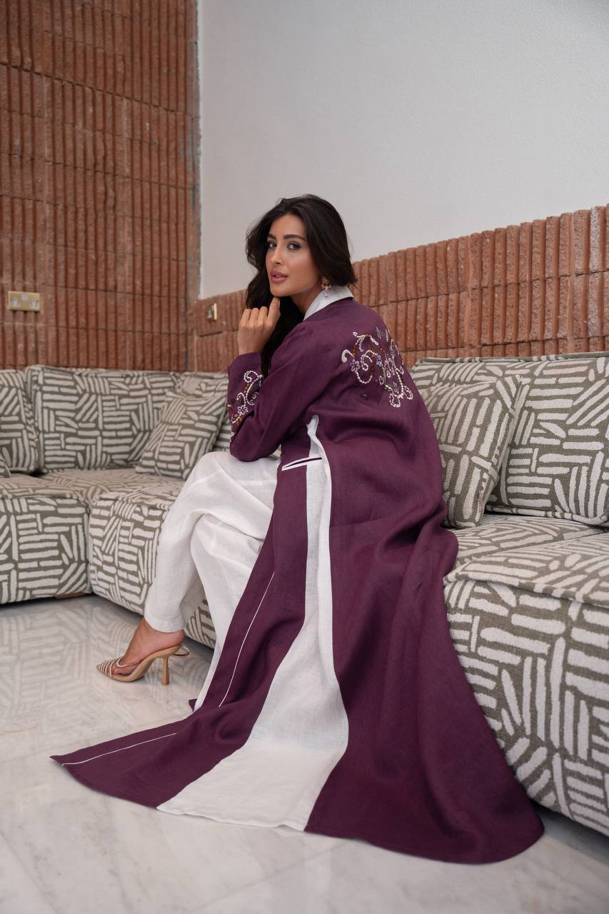 Purple linen blazer abaya with embroidery.C:421