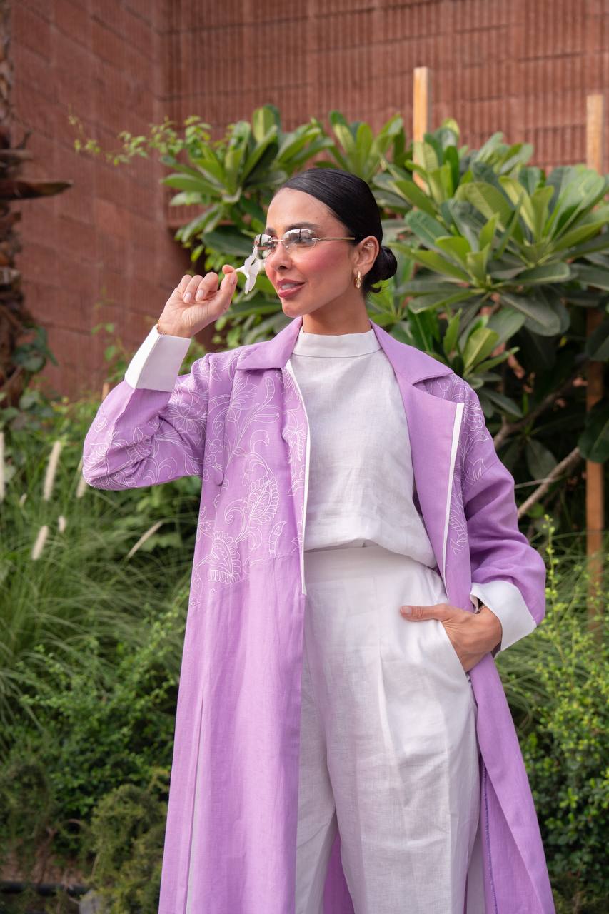 Purple linen blazer abaya with embroidery.C:412