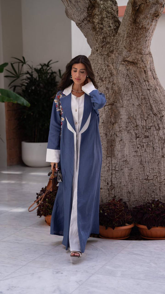 Blue linen blazer abaya with embroidery.C:409