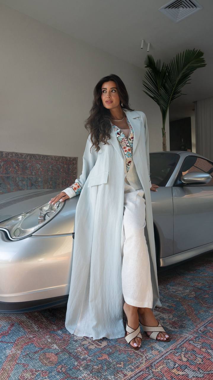 Blue linen blazer abaya with embroidery.C:410
