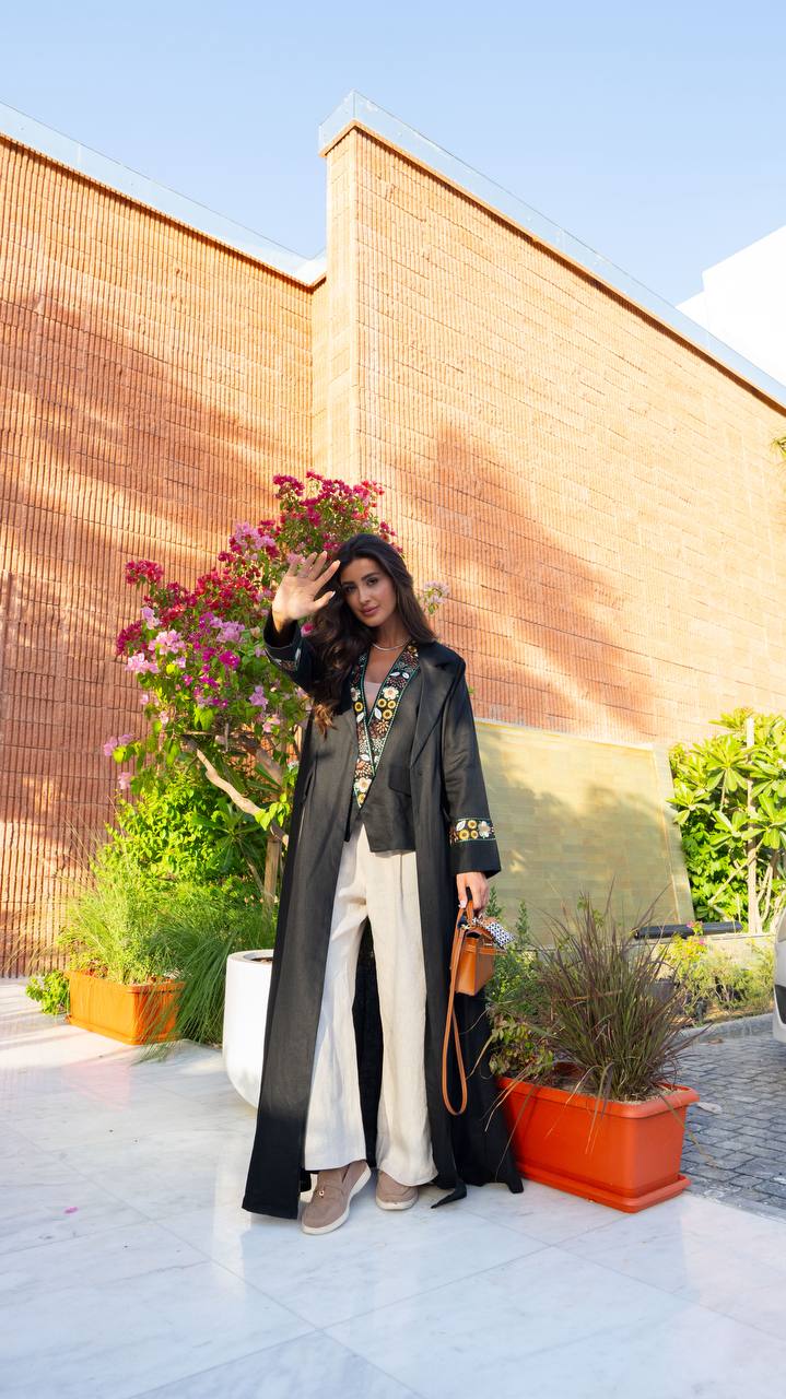 Black linen blazer abaya with embroidery.C:410