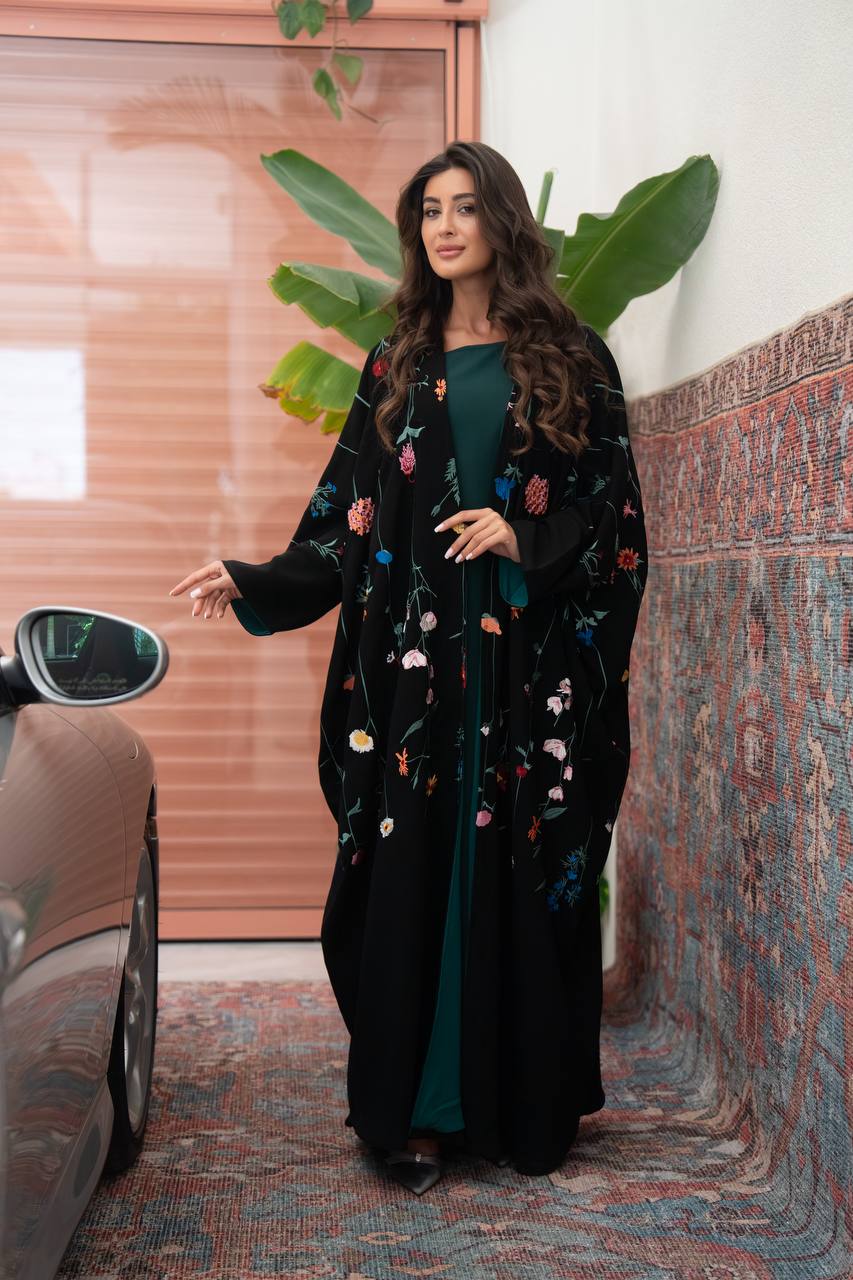 Black linen abaya bisht with embroidery.C:419