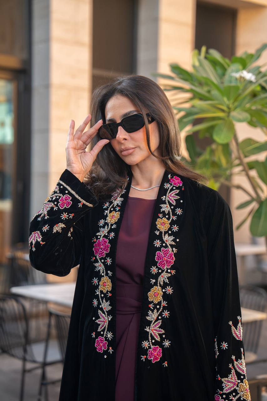 Black velvet abaya with hand embroidery. C:IB360